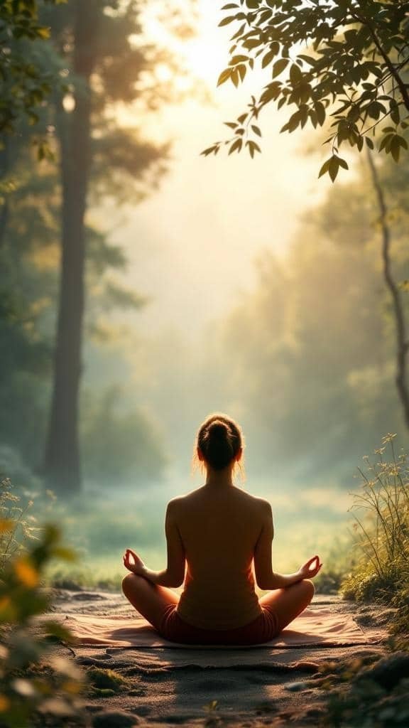 A person meditating in a peaceful forest, surrounded by soft light and greenery.