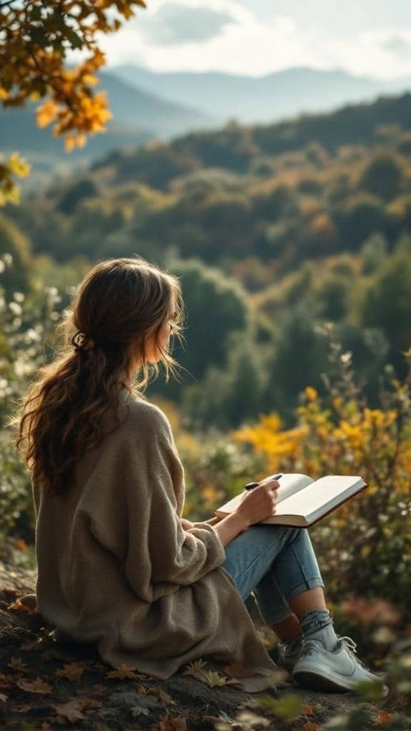 A young woman writing in a notebook while sitting in nature, surrounded by autumn foliage.