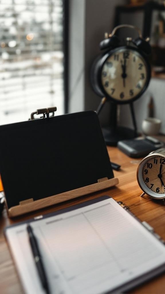 A cozy workspace with a clock and a planner, symbolizing the importance of setting an end-of-work routine.