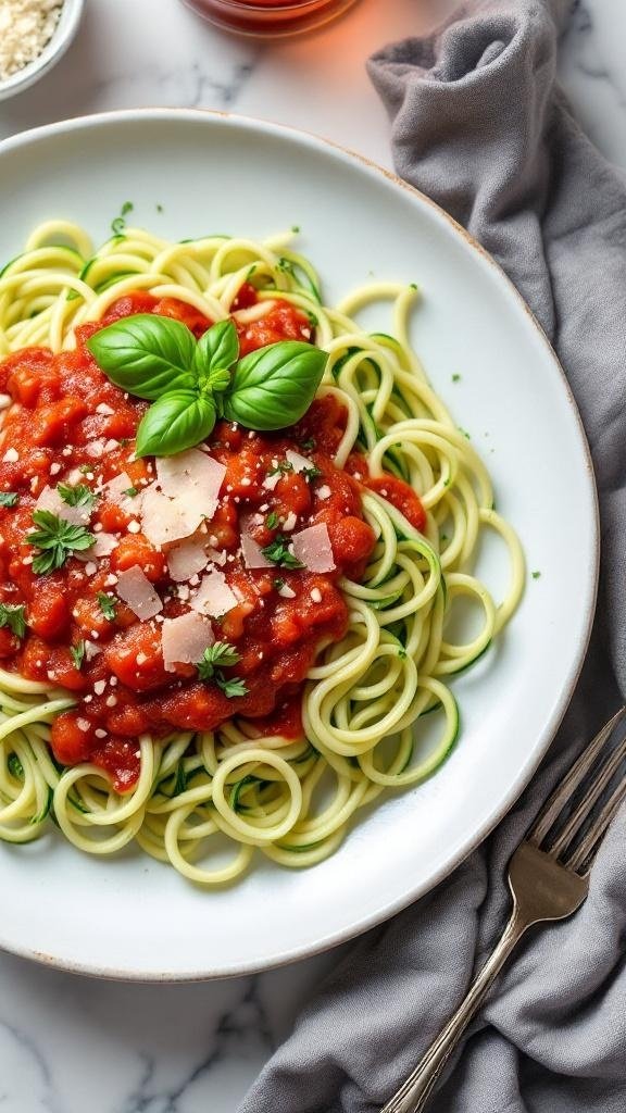 A plate of zucchini noodles topped with marinara sauce, garnished with basil and cheese.