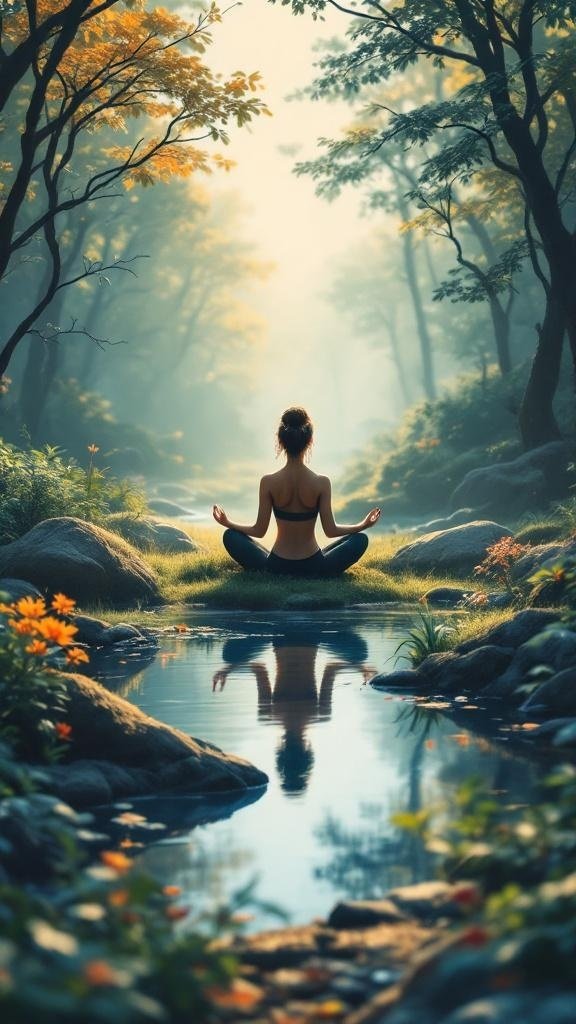 A woman meditating by a tranquil stream surrounded by trees and flowers.