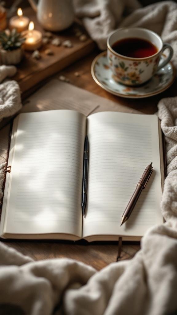 An open notebook with pens, a cup of tea, and candles, creating a cozy atmosphere for journaling.