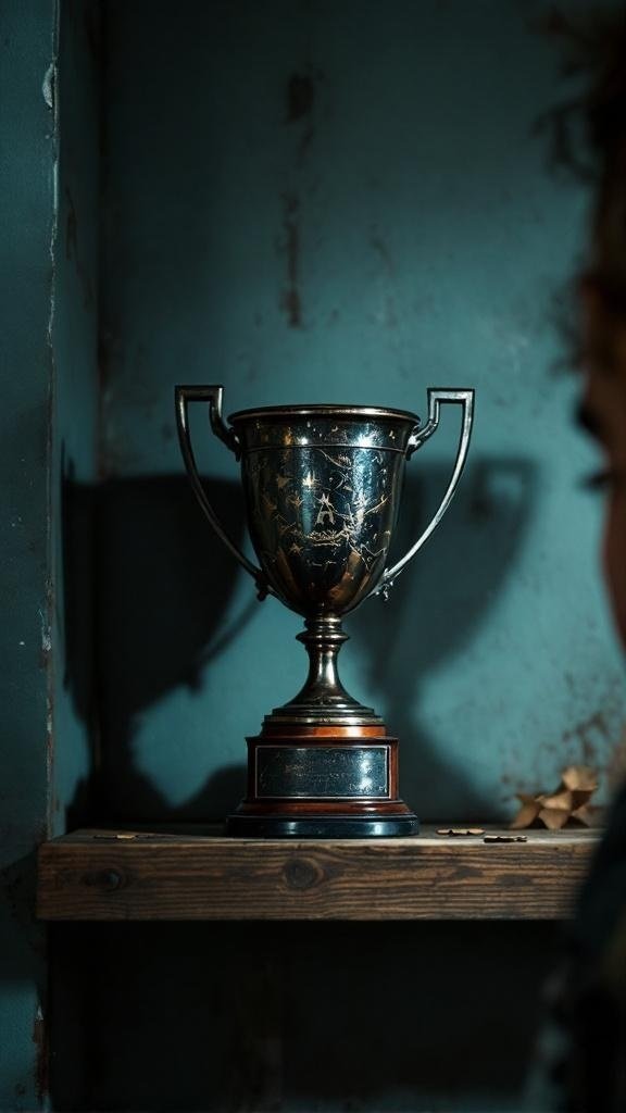 A shiny trophy on a wooden shelf against a textured wall.