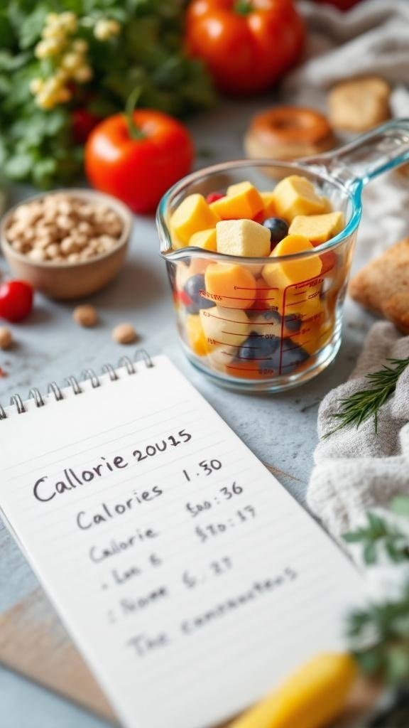 A measuring cup with colorful fruits next to a notepad listing calorie counts.
