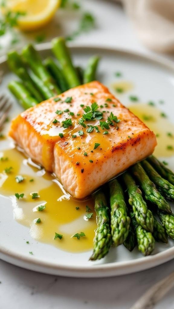 Baked salmon with asparagus on a plate, garnished with herbs and lemon.