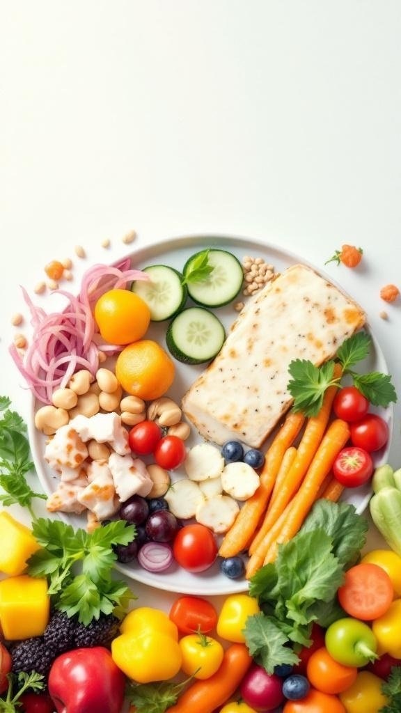 A colorful plate filled with fresh vegetables, fruits, and proteins, representing a healthy diet.
