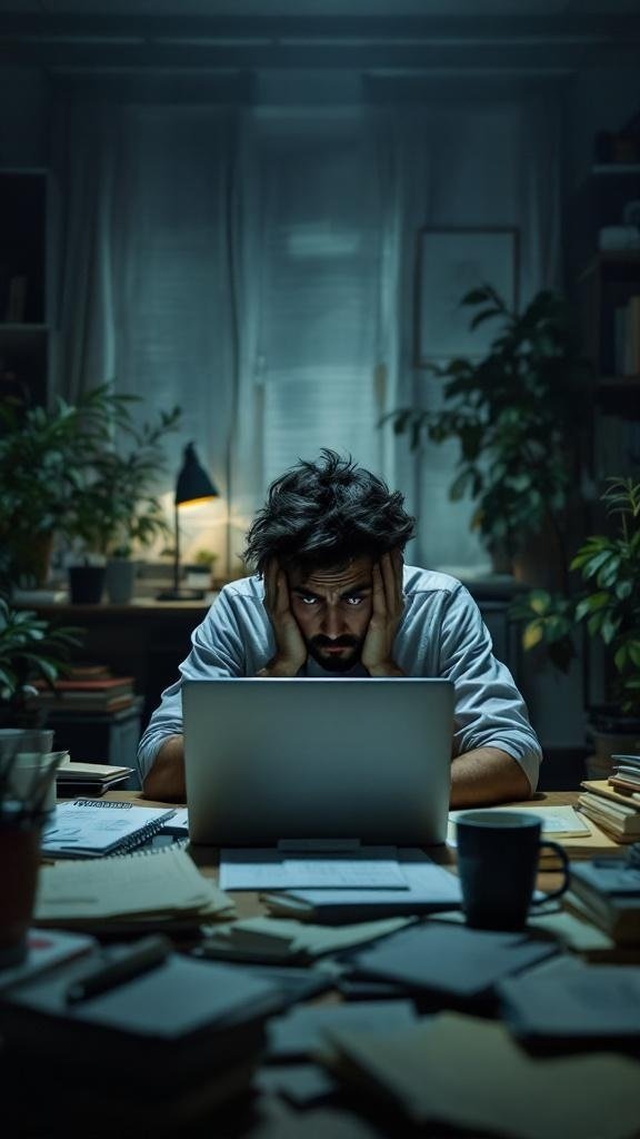 A stressed person at a cluttered desk, looking at a laptop with frustration.