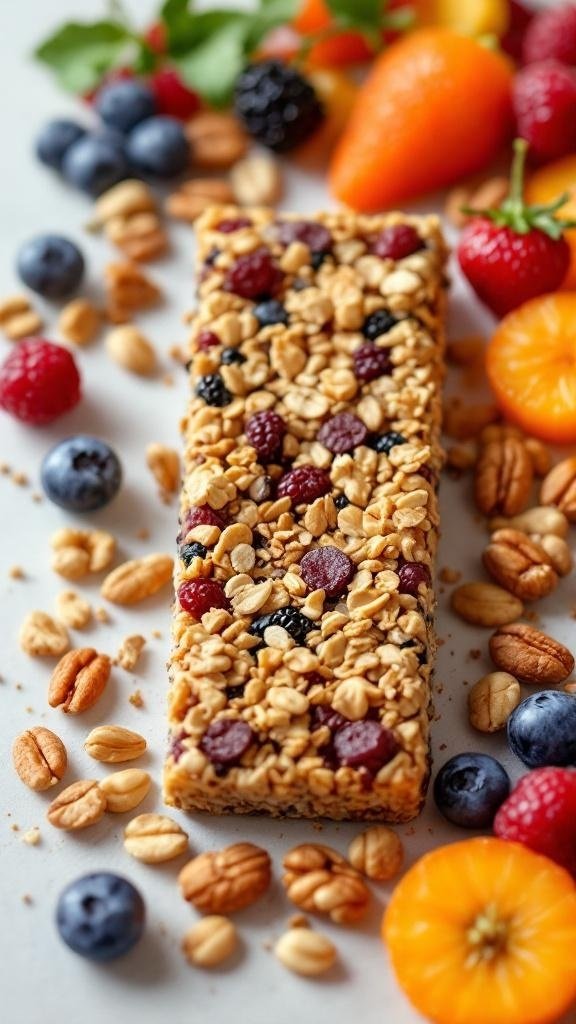 A colorful granola bar surrounded by fresh fruits and nuts.
