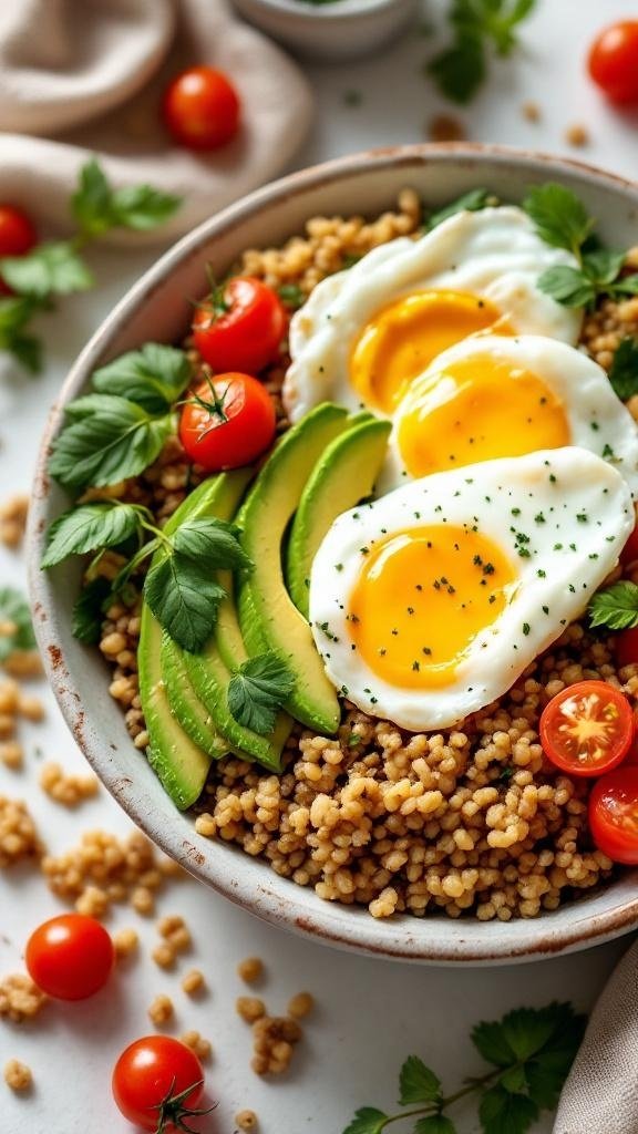 A quinoa breakfast bowl topped with avocado slices, poached eggs, and cherry tomatoes, garnished with fresh herbs.