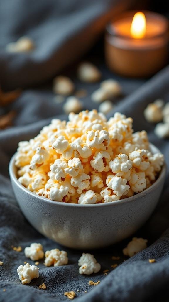 A bowl of air-popped popcorn sprinkled with nutritional yeast, surrounded by a cozy setting with a candle.