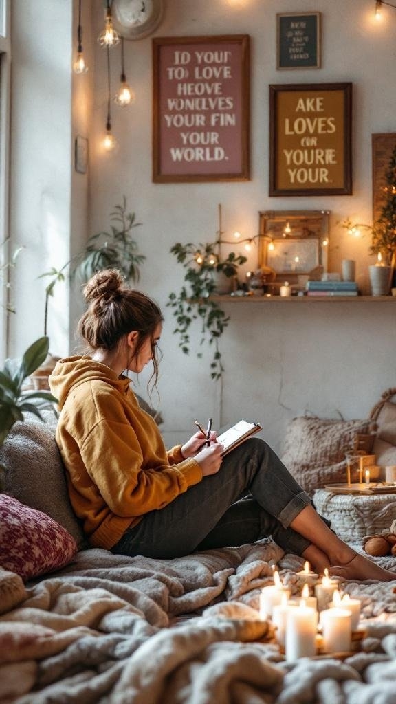 A person writing in a cozy room with candles and plants, reflecting on thoughts.