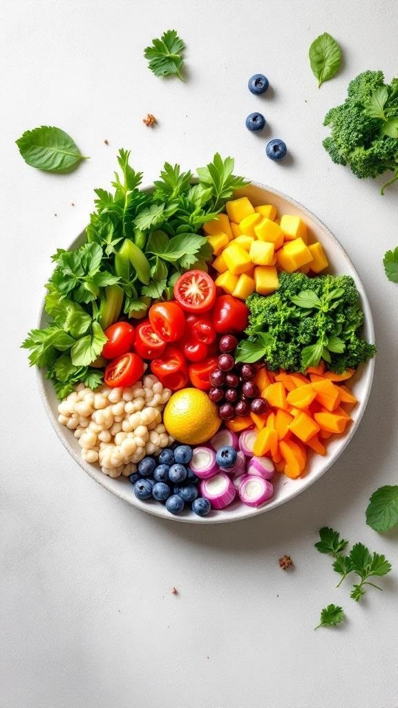 A colorful plate of fresh vegetables and fruits, including greens, tomatoes, mango, and blueberries, showcasing a balanced diet.