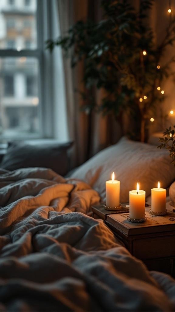 A cozy bedroom with soft bedding and glowing candles, creating a relaxing atmosphere.