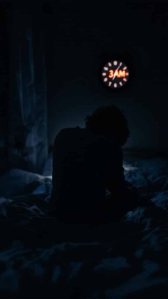 A person sitting on a bed in a dark room, looking down, with a clock showing 3 AM in the background.