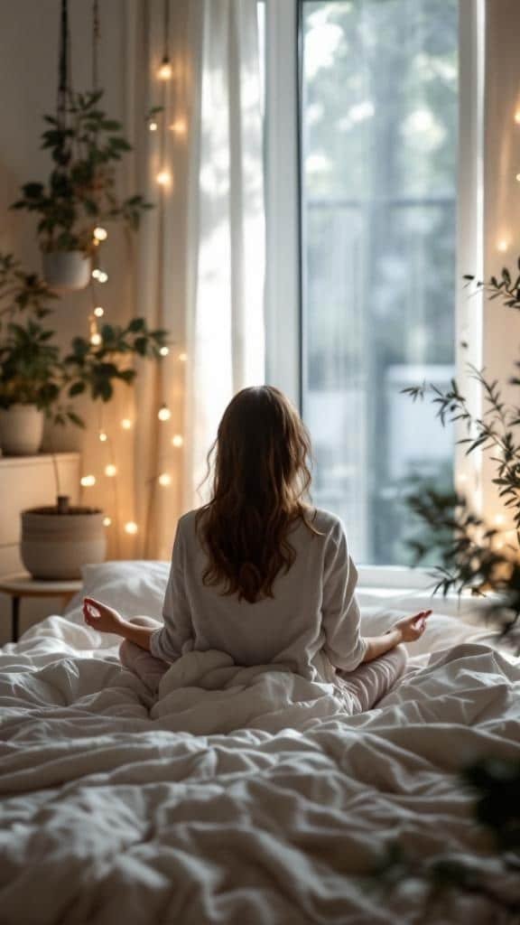 A person meditating on a bed surrounded by plants and soft lighting.
