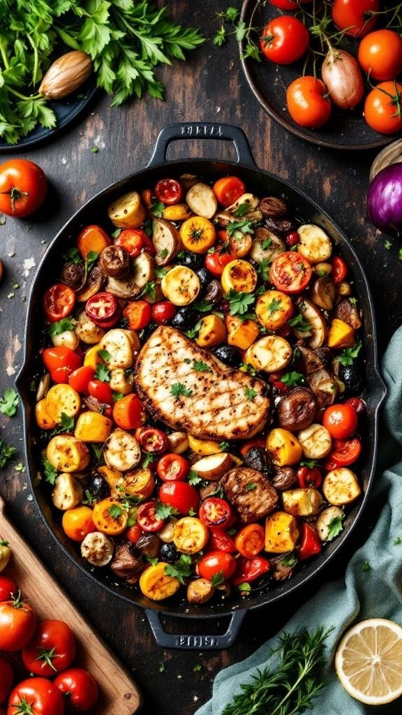A colorful one-pan dinner featuring roasted vegetables and chicken, showcasing a variety of ingredients like tomatoes, zucchini, and herbs.