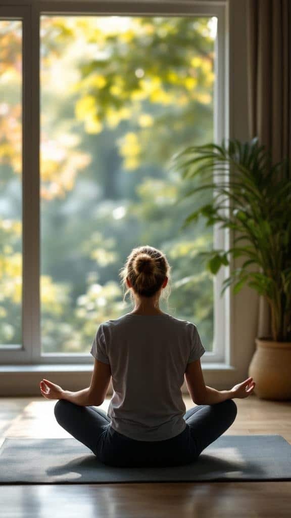 A person practicing mindful breathing in a serene indoor space with natural light and plants.