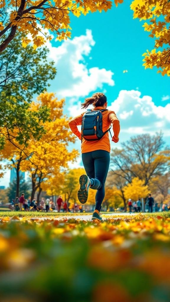 A person jogging through a park with autumn leaves, symbolizing physical exercise and mood boosting.