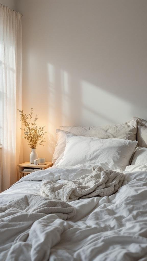 A cozy bedroom with soft lighting, unmade bed, and a small table with flowers and candles.