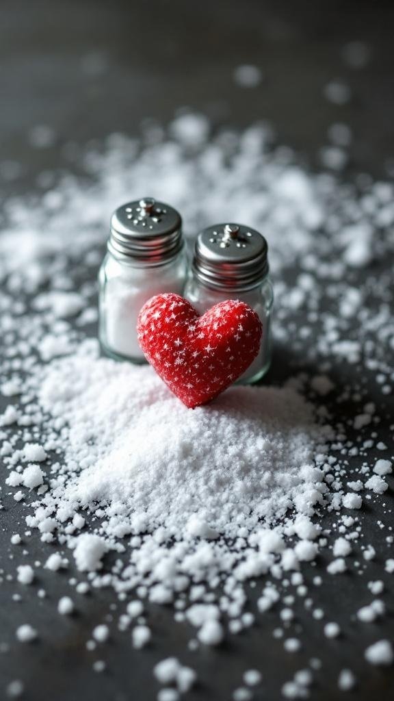 Salt shakers with salt and a heart-shaped decoration