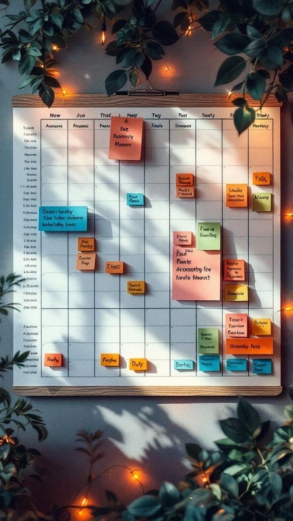 A colorful calendar with sticky notes representing tasks and goals.