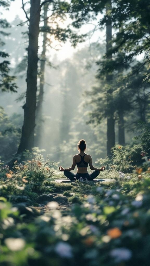 A person meditating in a peaceful forest, surrounded by trees and flowers.