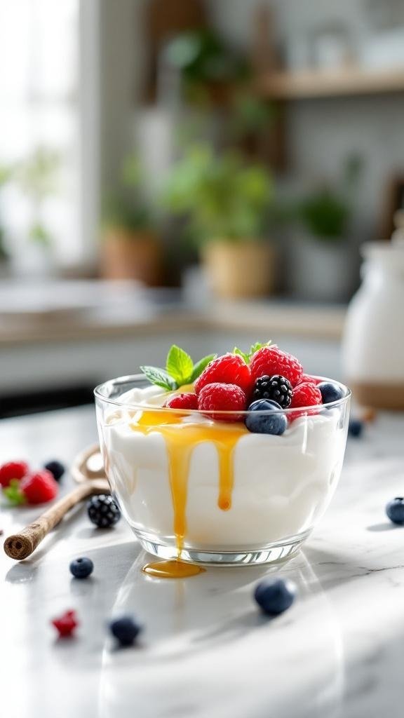 A bowl of Greek yogurt topped with fresh berries and a drizzle of honey, set on a marble countertop.