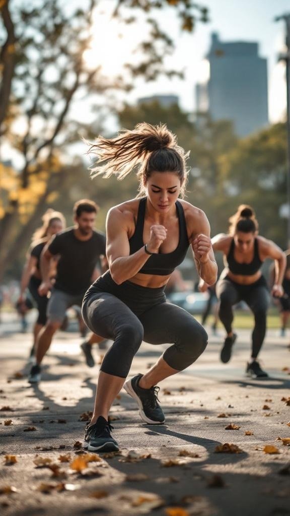 A group of individuals performing high-intensity interval training in a park setting.