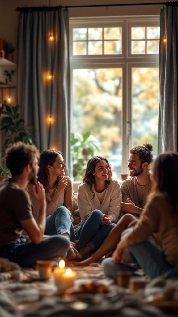 A cozy gathering of friends sitting together, engaged in conversation with warm lighting and a relaxed atmosphere.