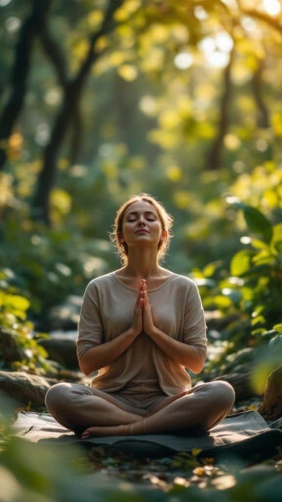 A person meditating in a lush green forest, practicing mindfulness and breathing exercises.