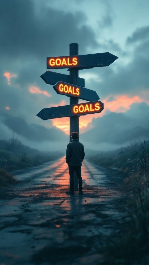 A child standing at a fork in the road with signs pointing to 'GOALS'.