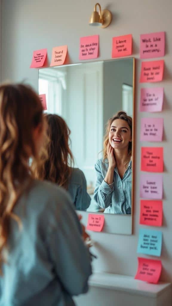 A young woman smiling at her reflection in a mirror surrounded by sticky notes with positive affirmations.