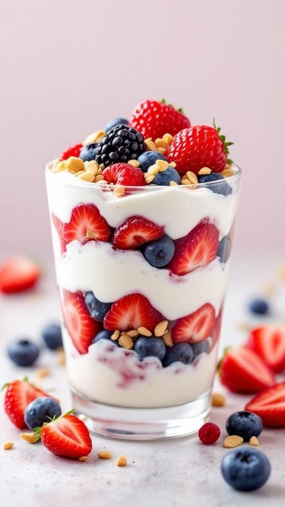 A delicious Greek yogurt parfait layered with strawberries, blueberries, and nuts in a glass.