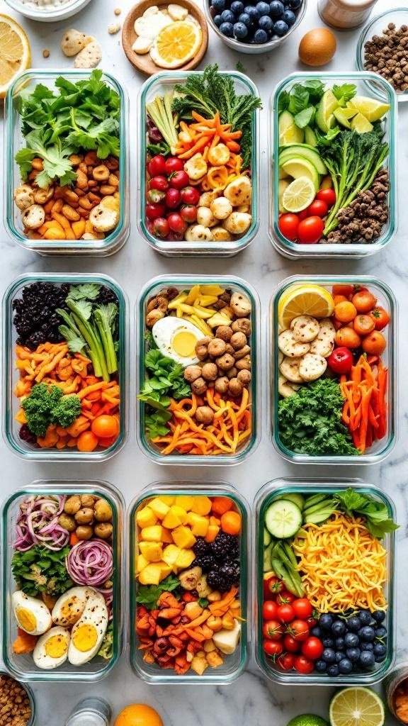 Colorful meal prep containers filled with various vegetables, proteins, and grains for batch cooking.