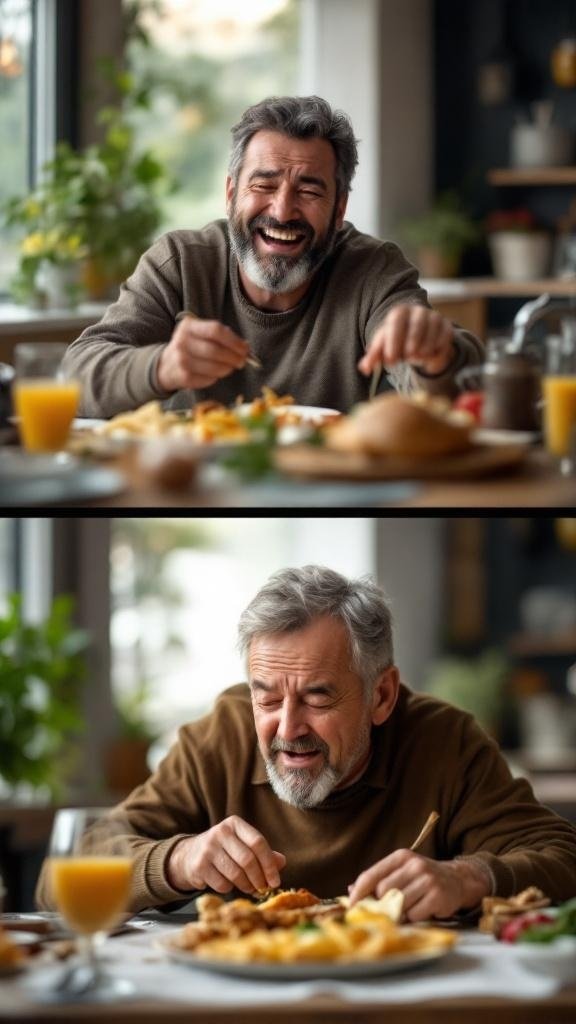 A man enjoying a meal with laughter, and then looking serious while eating.