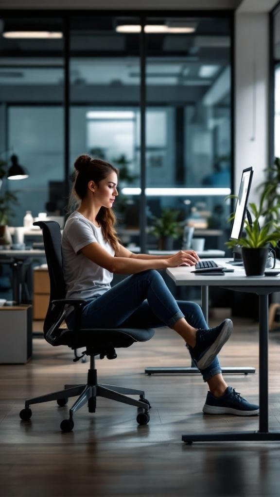 A woman sitting at a desk in a modern office, focused on her computer with plants around her.