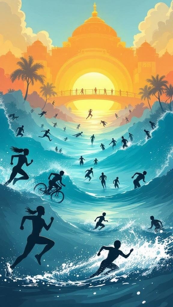 A vibrant illustration of people engaging in various cardio activities like running and biking against a sunset backdrop.