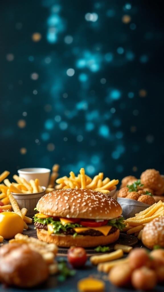 A delicious burger with fries and various snacks on a table