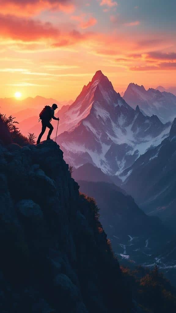 A hiker standing on a rocky peak looking at a mountain range during sunset.