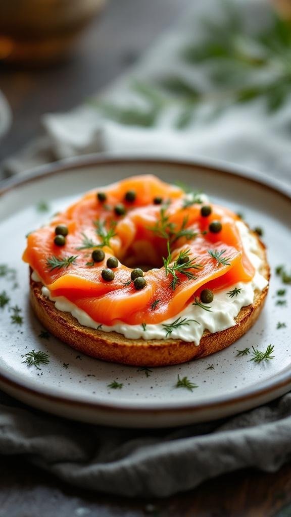 A smoked salmon and cream cheese bagel topped with capers and fresh dill on a plate.