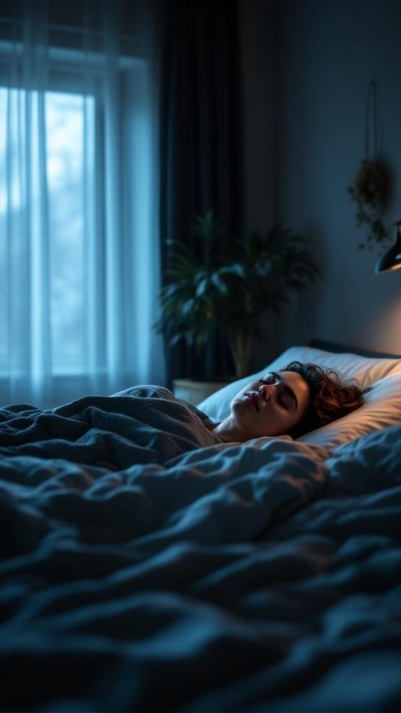 A person sleeping peacefully in a cozy bed with soft blankets and a calm atmosphere.