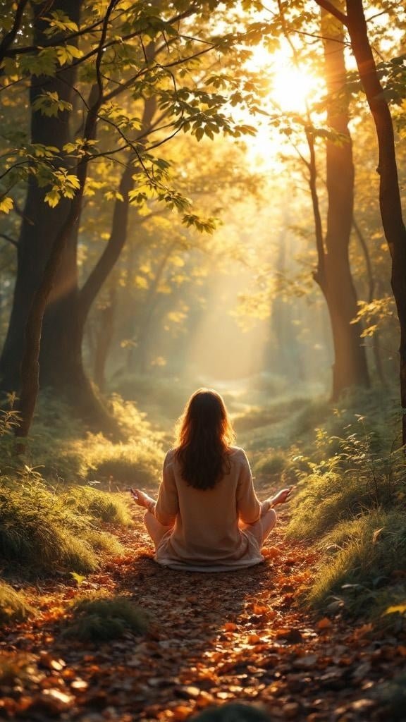 A person meditating in a sunlit forest, symbolizing self-compassion.