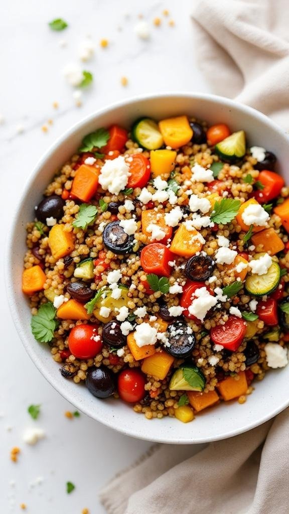 A bowl of quinoa with roasted vegetables, featuring colorful bell peppers, zucchini, cherry tomatoes, and topped with feta cheese.
