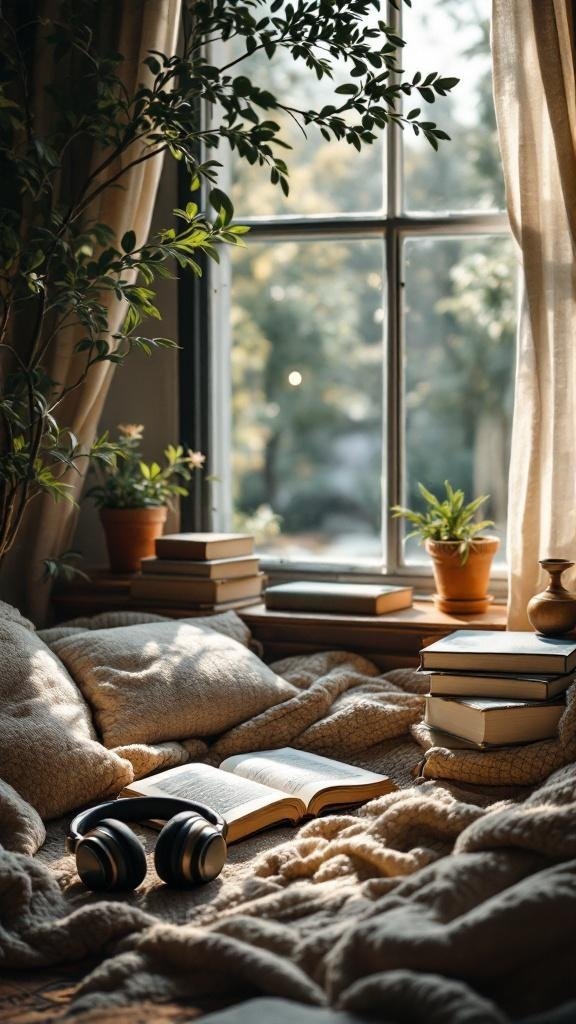 A cozy reading nook with books, a blanket, and headphones, perfect for finding inspiration.