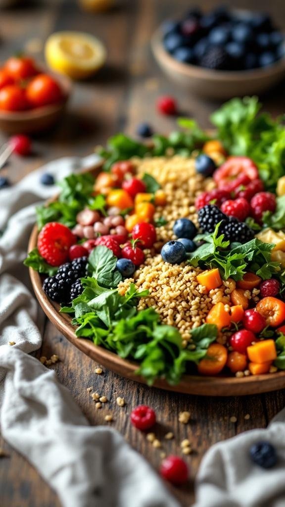 A colorful salad featuring greens, berries, and grains on a wooden table.