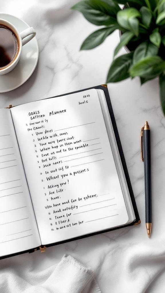 A planner with handwritten goals, a cup of coffee, and a pen on a marble surface.