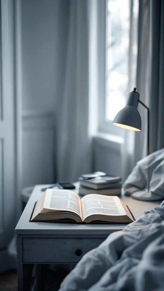 A cozy bedside table with an open book, a lamp, and a few stacked books, creating a relaxing atmosphere.