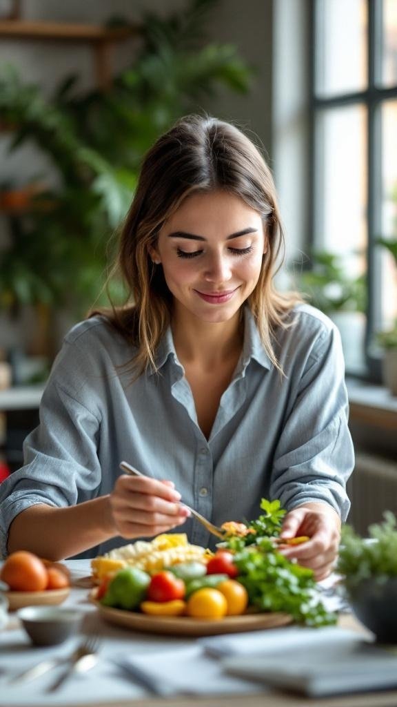 A woman enjoying a healthy meal with fresh vegetables and fruits, demonstrating mindful eating.