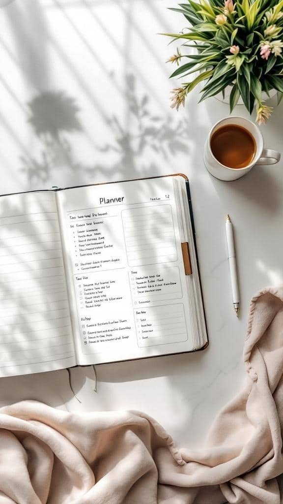 A cozy workspace featuring a planner, a cup of coffee, and a soft blanket, symbolizing organization and calmness.