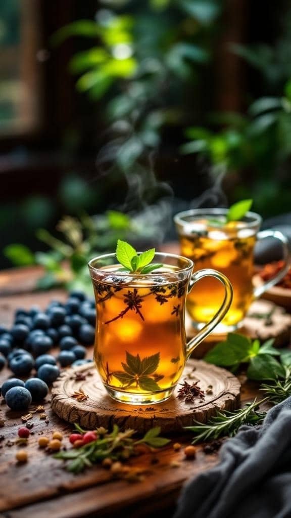 Two glasses of steaming herbal tea with mint leaves, surrounded by fresh berries and herbs on a wooden table.